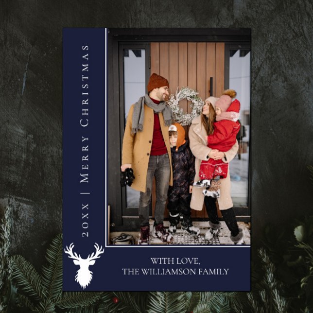 Cartões de foto de Natal de Reindeer Simples | Azu (Blue Simple Reindeer Christmas Photo Card)