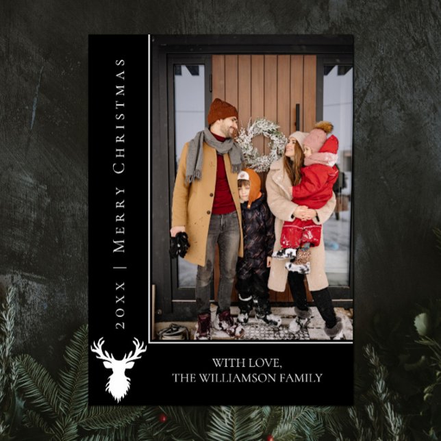 Cartões de foto de Natal de Reindeer Simples | Pre (Black Simple Reindeer Christmas Photo Card)