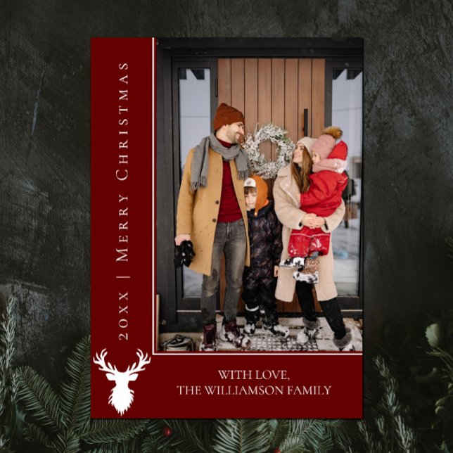 Cartões de foto de Natal de Reindeer Simples | Ver (Red Simple Reindeer Christmas Photo Card)