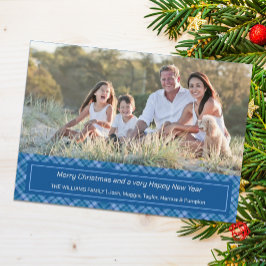 Cartões de foto de Natal de Xadrez azul feriado