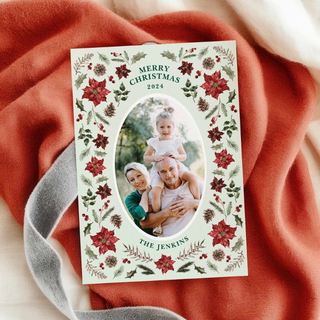 Cartões de foto de Natal Elegante Poinsettia (Elegant Winter Foliage Merry Christmas Photo Card)