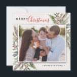 Cartões de foto de Natal Greenery de inverno<br><div class="desc">O Holiday Sticker apresenta uma estrutura de cor de água pintada manualmente,  ramificações ocas com frutos vermelhos,  pinos e design de folhagem de inverno.
Personalize e envie um autocolante para amigos e a família amará. Adicione sua saudação e os nomes de todos.</div>