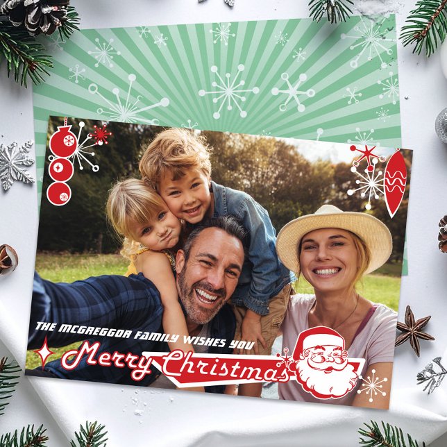 Cartões de foto de Natal Horizontal Moderno do Séc (Mid-century Santa, flat simple photocard)