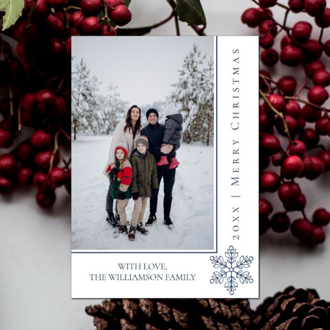 Cartões de foto de Natal Moderno Snowflake | Azul (Blue Modern Snowflake Christmas Photo Card)