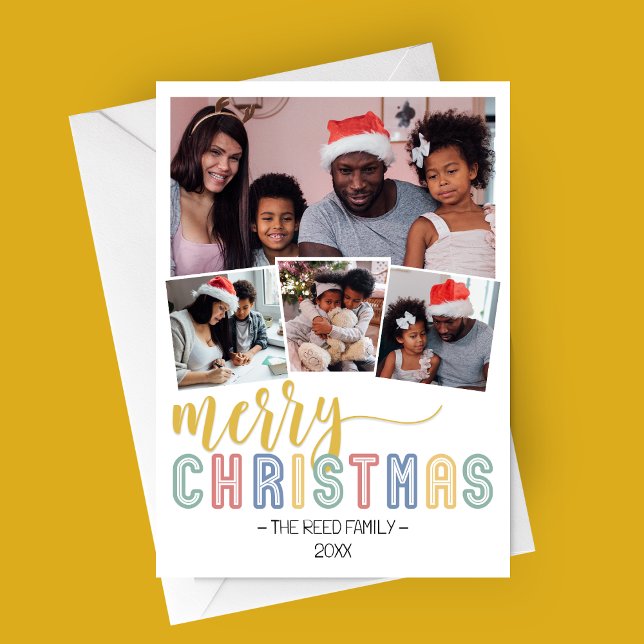Cartões de foto de Natal Pastel Multi-Photo (Pastel Merry Christmas Family Photo Card | 4 Photos)