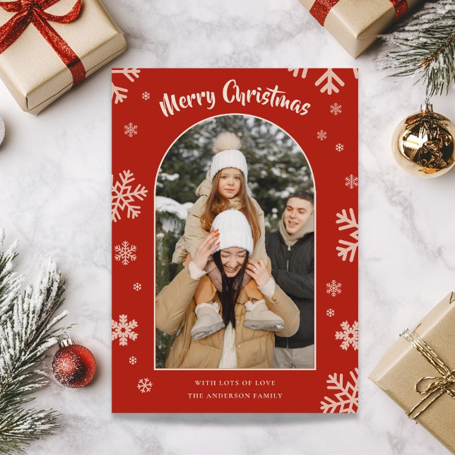 Cartões de foto de Natal Red Snowflake Elegante (Elegant Red Snowflake Christmas Photo Card)