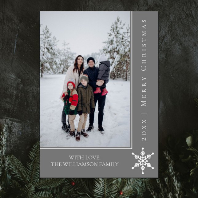 Cartões de foto de Natal Simples Floco de Neve | C (Gray Simple Snowflake Christmas Photo Card)