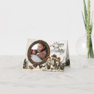 Cartões de foto de Natal Whimsical Folk Art Snowme