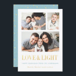 Cartões de Foto Simples e Dourados de AMOR e LUGHT<br><div class="desc">Chanucá Cartões com fotos bonitas, simples e clássicas, com espaço para três fotos, as palavras "AMOR E LUZ" em um efeito brilhante de folha de ouro (note que este é apenas um efeito impresso, não uma folha de ouro real). O design traseiro apresenta uma estrutura de estrelas e bolinhas brilhantes...</div>