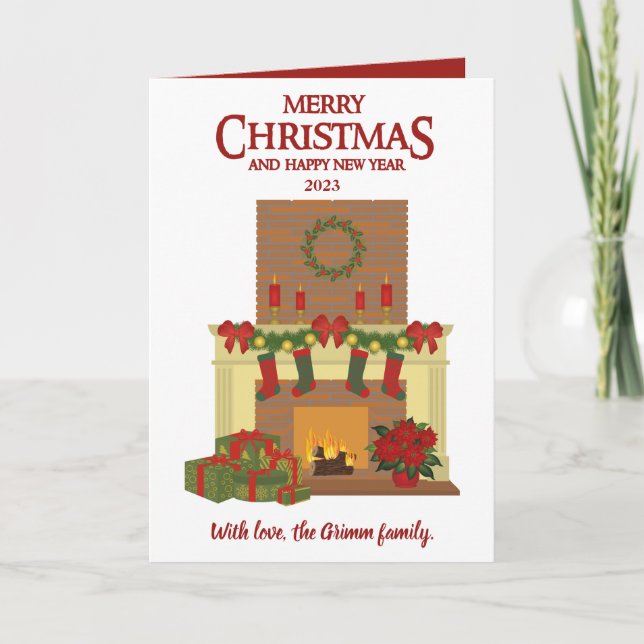 Cartões de fotos de Natal lareira Vermelho Uma fot (Frente)