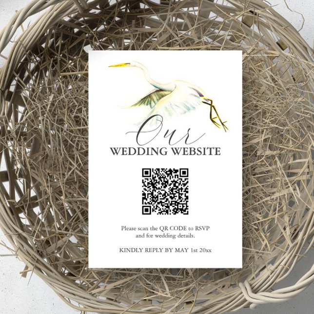 Cartões de gabinete de casamento de Herões Brancos (Wedding website card with QR code watercolor tropical bird art by Victoria Grigaliunas DoTellABelle)