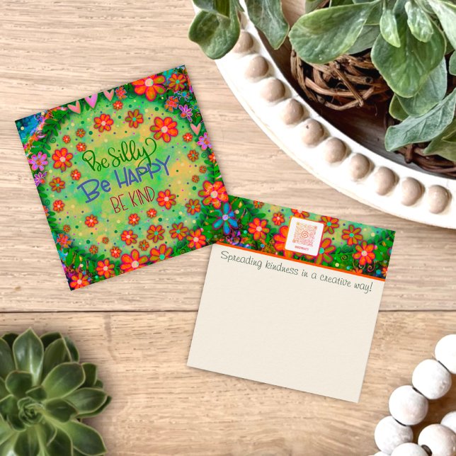 Cartões de gentileza verde divertidos e bonitos de (Silly, happy, kind, fun, INSPIRIVITY, kindness cards. Colorful floral, and whimsical art with “quote)