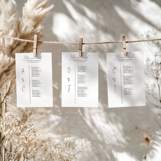 Cartões de Gráfico de Casamento Alfabético Simples (Convenient and organized wedding seating chart with alphabetical name arrangement.)