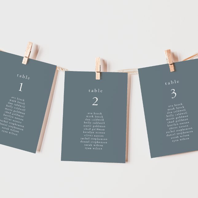 Cartões de Gráfico de Casamentos Mínimos de Casame (EMELIA Blue Minimal Wedding Seating Chart Cards)