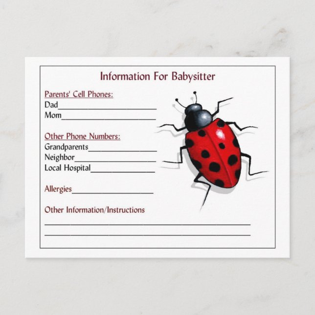 Cartões de Informação para Babysitter: Ladybug, As (Frente)