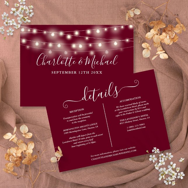 Cartões de Informações sobre Detalhes do Casamento (String Lights Burgundy Wedding Details Info Card)