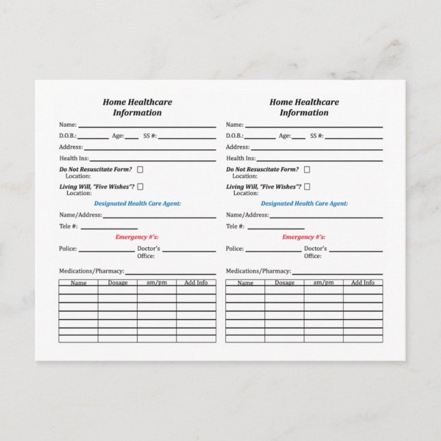 Cartões de Informações sobre ID de Assistência Méd (Frente)