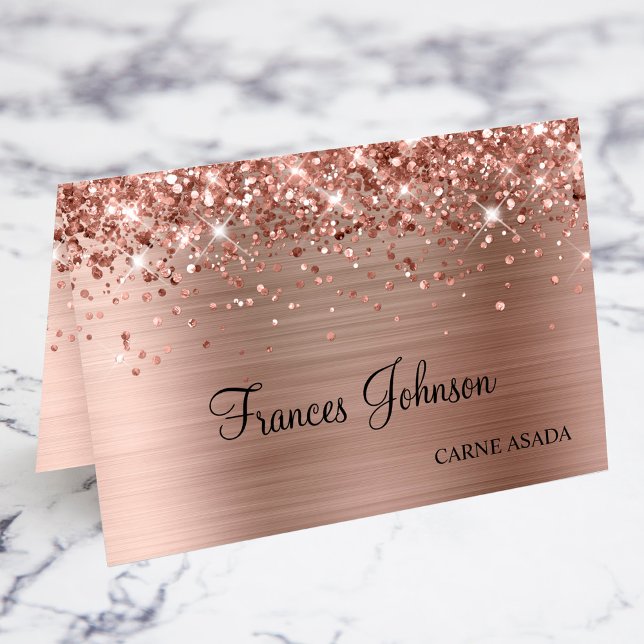 Cartões de localização com nome para escolha de re (Glittery Rose Gold Meal Choice Name Place Cards)