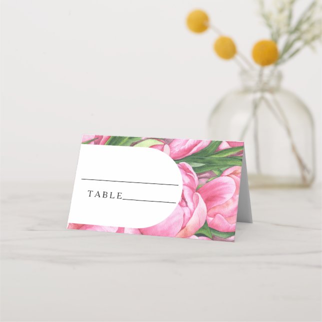 Cartões de lugar de casamento com peônias rosa (Frente)