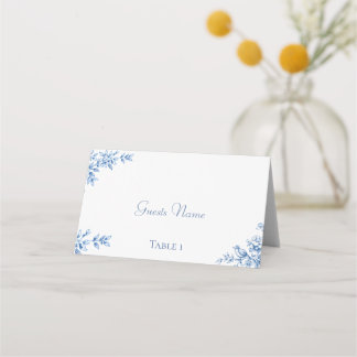 Cartões de lugar de casamento floral azul e branco
