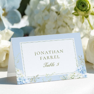 Cartões de lugar de casamento floral azul elegante
