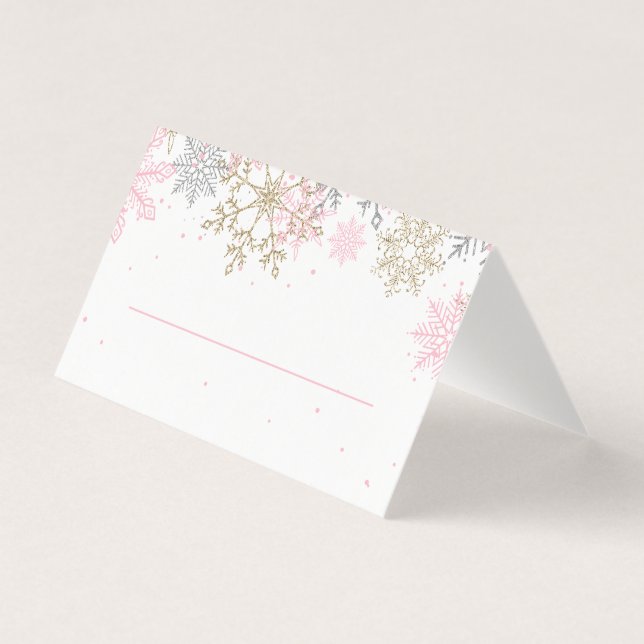Cartões de lugar de floco de neve com brilho rosa  (Frente)
