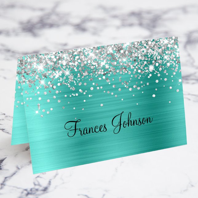 Cartões De Lugar Individuais De Turquesa De Prata (Silver Glitter Turquoise Individual Place Cards)