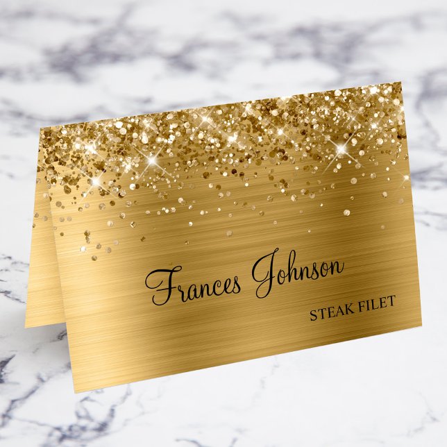 Cartões de lugar para escolha de refeição Dourada  (Glittery Gold Meal Choice Name Place Cards)