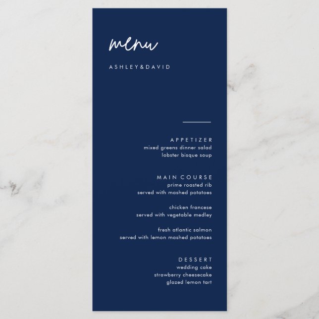 Cartões de Menu Azul de Casamento do Marinho Moder (Frente)
