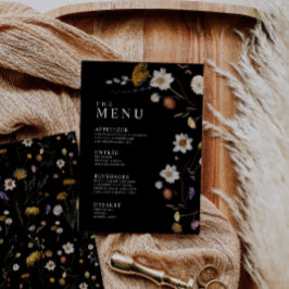 Cartões de menu Black Boho Wildflower
