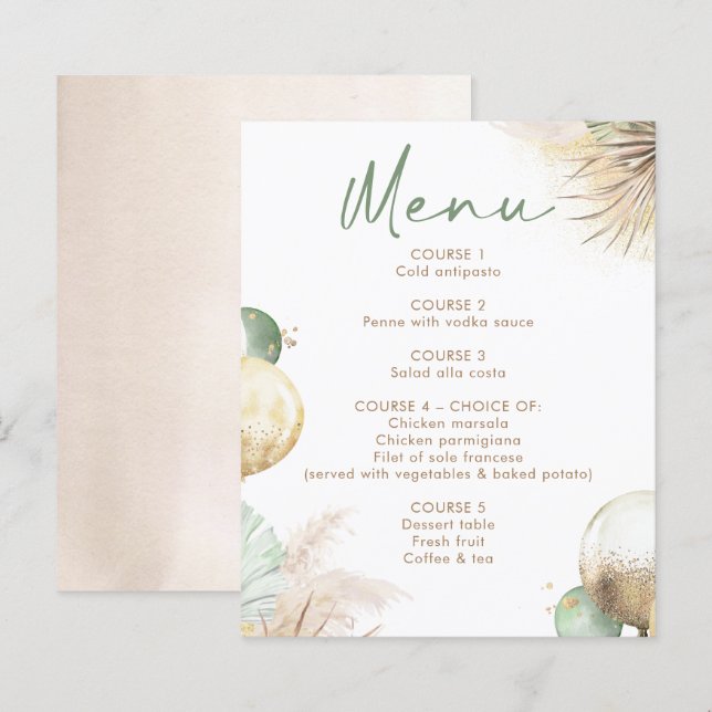Cartões de Menu Boho Verde Sálvia e Bege (Frente/Verso)
