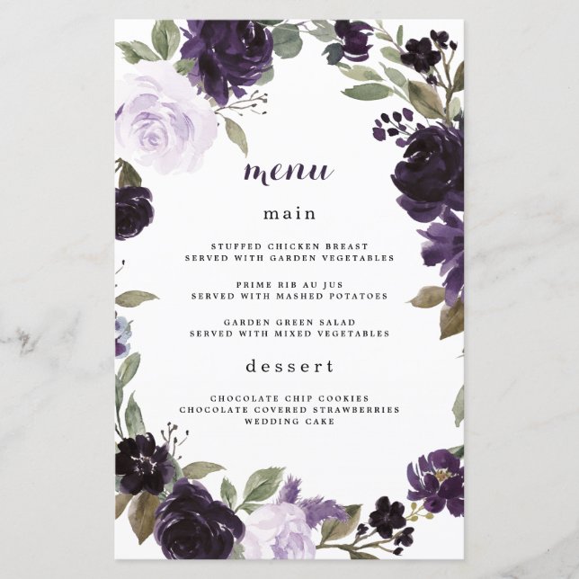 Cartões de menu Casamento Verde Roxo e Dourado Ele (Frente)