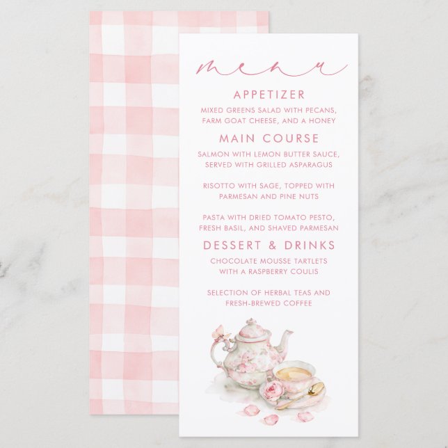 Cartões de Menu com Padrão Xadrez Rosa Tema Chá (Frente/Verso)