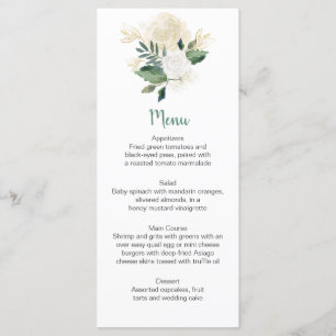 Cartões de Menu com Rosas Brancas Creme e Folhagen