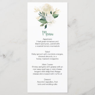 Cartões de Menu com Rosas Brancas Creme e Folhagen