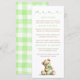Cartões de Menu com Ursinho e Xadrez Verde