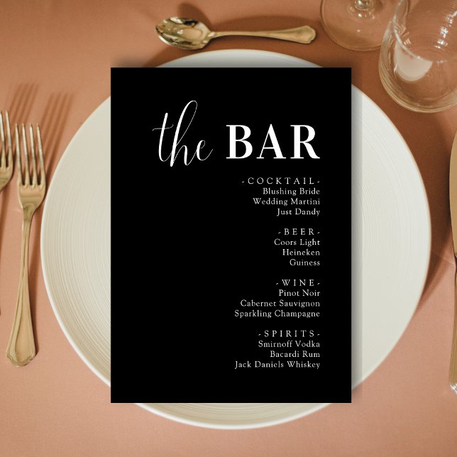 Cartões de Menu de Bar de Bebidas de Casamento Pre (Minimalist black wedding drinks bar menu cards add sleek style and smooth drink service.)