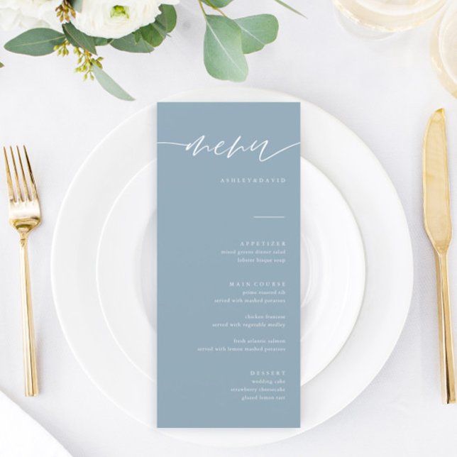 Cartões de Menu de Caligrafia Rustic Dusty Blue (Criador carregado)