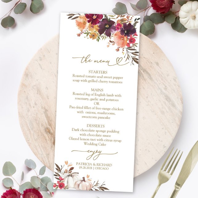 Cartões de Menu de Casamento Abóbora Borgonha para (Criador carregado)