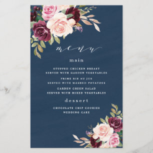 Cartões de Menu de Casamento Azul Marinho Borgonha