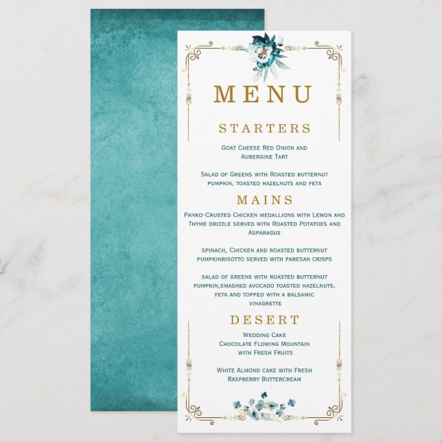 Cartões de Menu de Casamento Azul Turquesa e Doura (Frente/Verso)