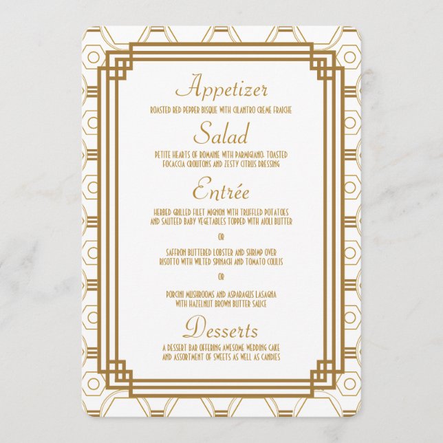 Cartões de Menu de Casamento Branco Art Deco (Frente)