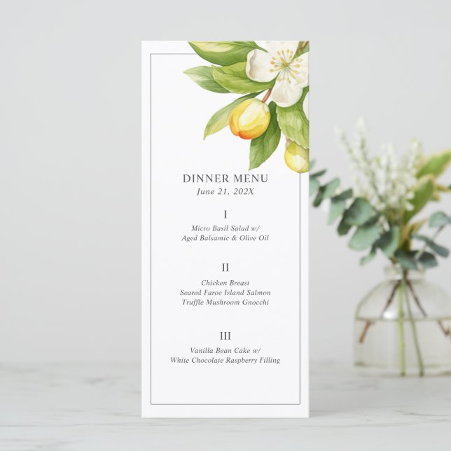 Cartões de Menu de Casamento Citrus Floral (Em pé/Frente)