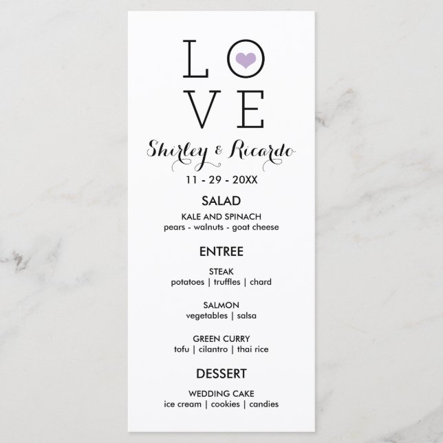 Cartões de menu de casamento com amor simples e ro (Frente)