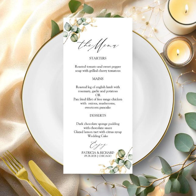 Cartões de Menu de Casamento com Folhagens Dourada (Criador carregado)