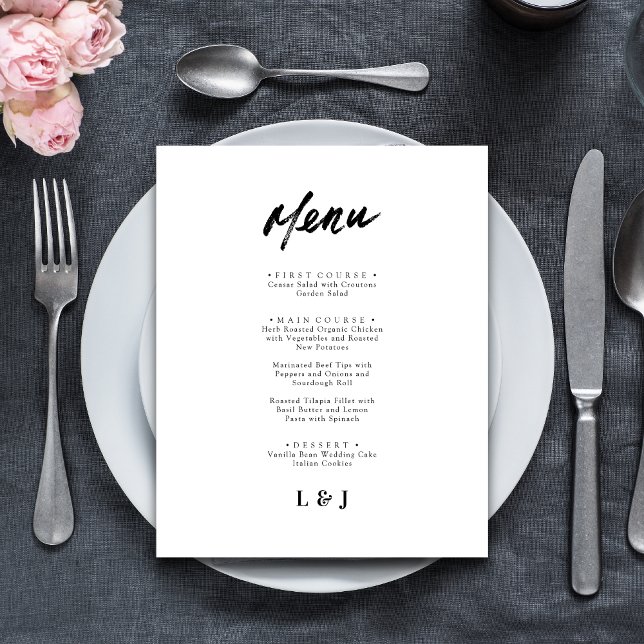 Cartões de Menu de Casamento com Letra Moderna Min (Modern minimalist script wedding menu cards add refined style to your place settings)