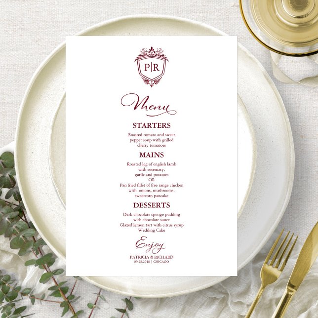 Cartões de Menu de Casamento com Monograma Elegant (Criador carregado)
