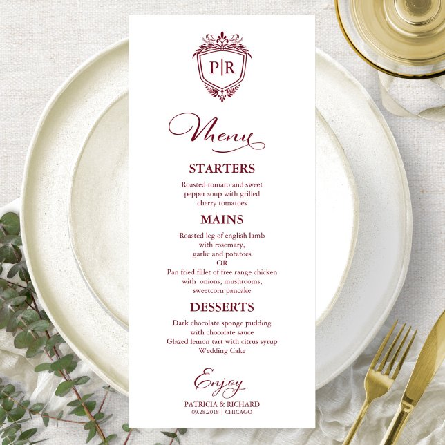 Cartões de Menu de Casamento com Monograma Elegant (Criador carregado)