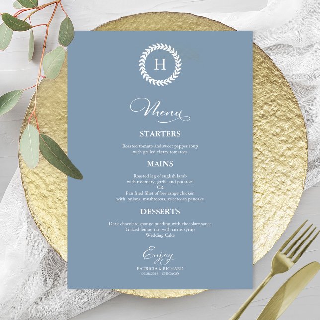 Cartões de Menu de Casamento com Monograma em Azul (Criador carregado)