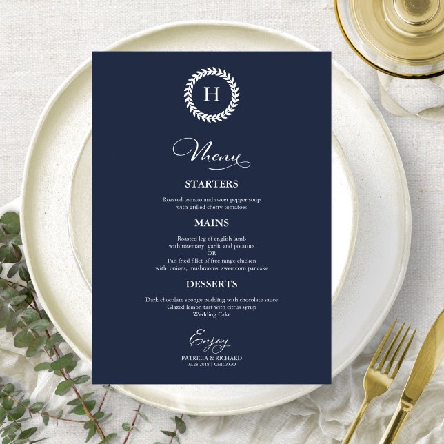 Cartões de Menu de Casamento com Monograma em Azul (Criador carregado)
